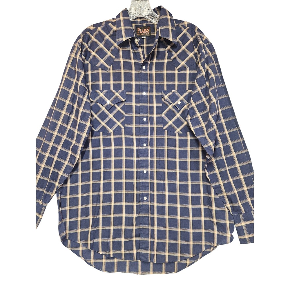 Plains Western Wear Mens Medium Navy Blue Plaid Pearl Snap Long Sleeve Shirt